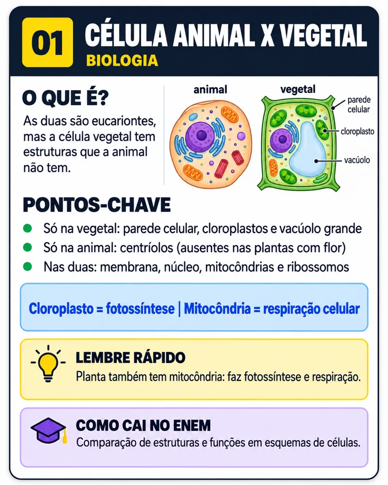 Flashcard de Biologia: Célula animal x vegetal